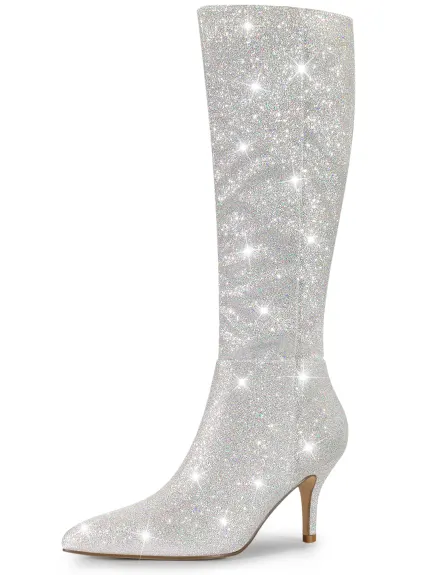 Allegra K - Glitter Stiletto Heel Knee High Boots