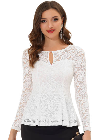 Allegra K - Long Sleeve Lace Sheer Peplum Top