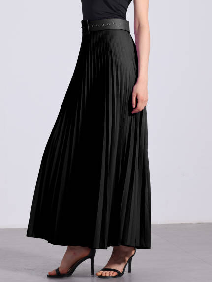 Allegra K - Elastic High Waist Maxi Pleated Skirt