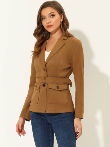 Allegra K- Faux Suede Belted Single Breasted Blazer Jacket Coat