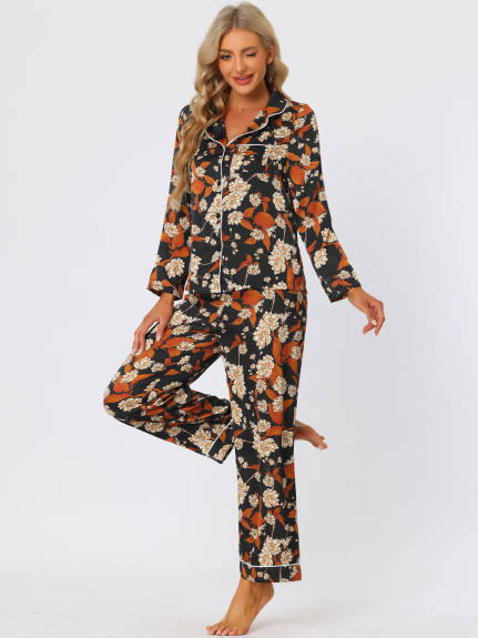 cheibear - Floral Sleep Shirt Long Pants Satin Pj Set