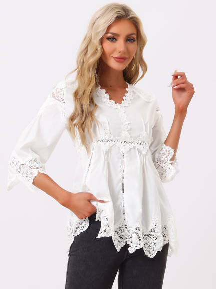 Allegra K - Lace Trim Chiffon Hollow Out Blouse