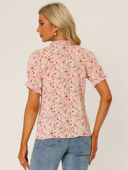 Allegra K- Floral Short Sleeve Ruffle Neck Blouse