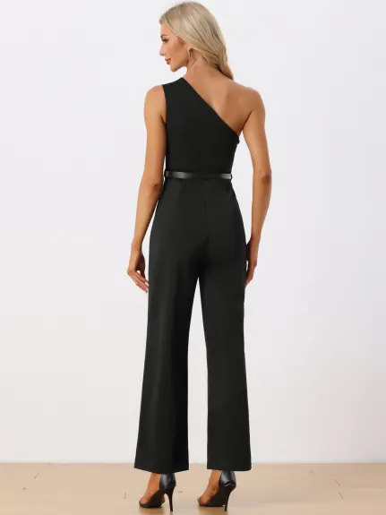 Allegra K - Elegant One-Shoulder Belted Jumpsuit