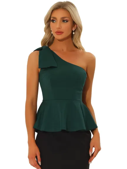 Allegra K- One Shoulder Bow Ruffled Peplum Top