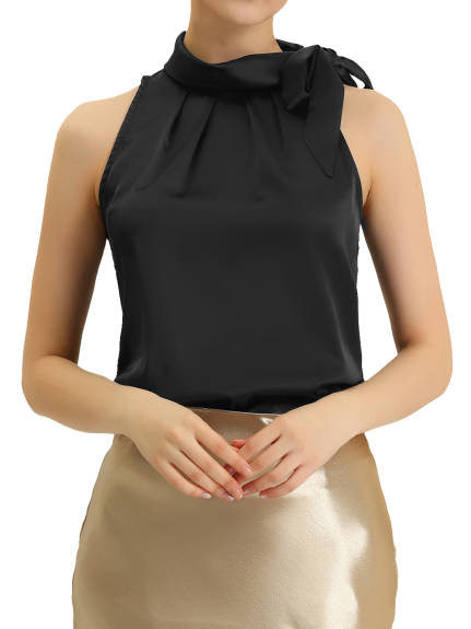 Allegra K - Satin Sleeveless Tie Neck Work Blouse