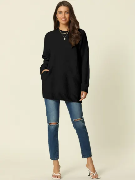 Allegra K- Round Neck Pullover Sweater with Pockets