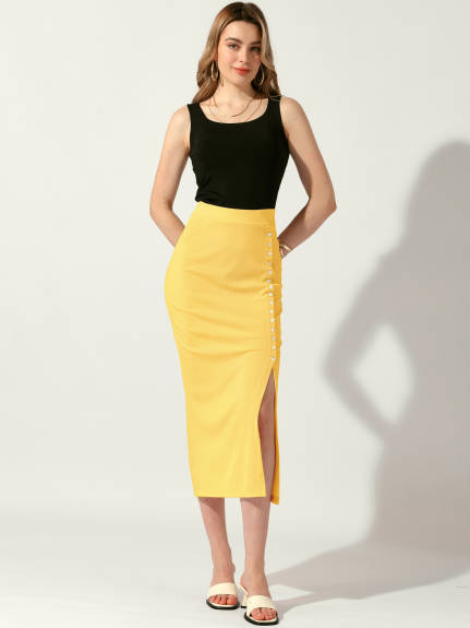 Allegra K - Side Split Ribbed Knit Pencil Skirt