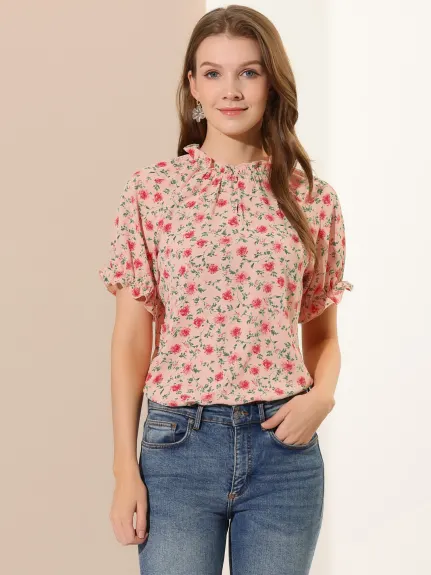 Allegra K- Floral Short Sleeve Ruffle Neck Blouse