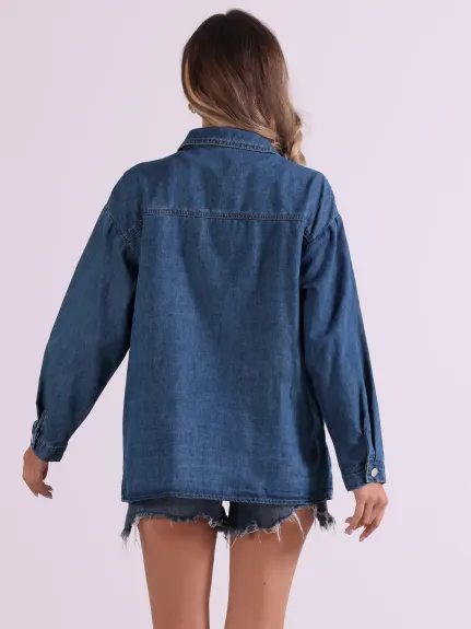 Allegra K - Long Sleeve Oversized Denim Jacket