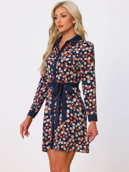 Allegra K- Contrast Collar Floral Shirt Dress