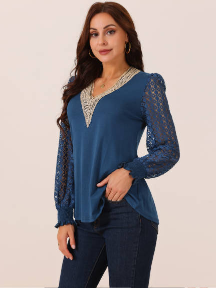 Allegra K - Lace V Neck Hallow Out Sleeve Blouse