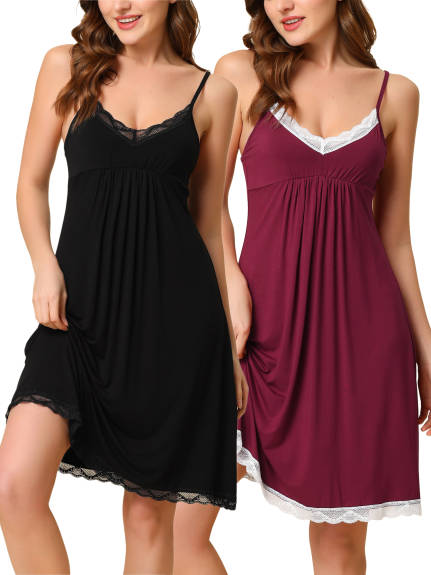 cheibear - Lace Trim Cami Nightdress 2-Pack, Black