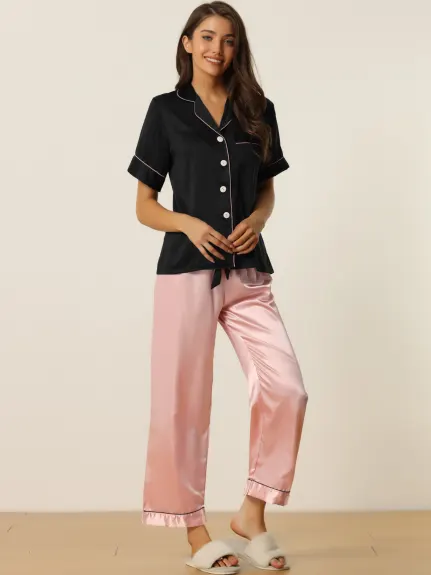 cheibear - Polka Dots Button Down Satin Sleepwear Set