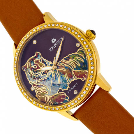 Empress - Montre automatique Diana avec bracelet en cuir gravé MOP - Olive