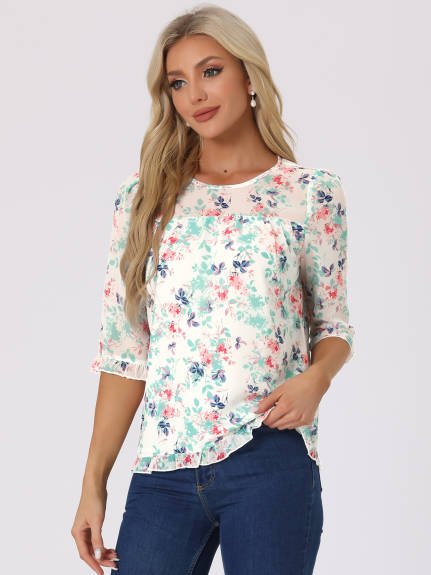 Allegra K- Floral Ruffled 3/4 Sleeve Chiffon Blouses