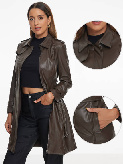 Allegra K- Slim Fit Zip Faux Leather Long Jacket