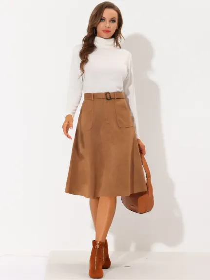 Allegra K- Faux Suede Pockets A-Line Midi Skirt