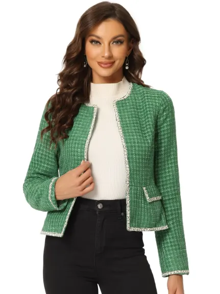 Allegra K- Plaid Tweed Open Front Short Blazer