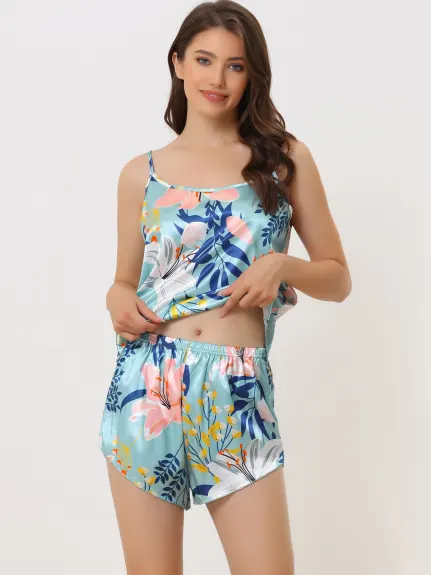 cheibear - Satin Pajama Summer Floral Camisole with Shorts