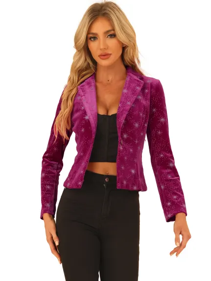 Allegra K- 1 Button Velvet Blazer Lapel Crop Suit Jacket