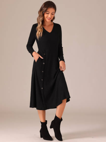 Allegra K - Long Sleeve Button Flowy Midi Dress