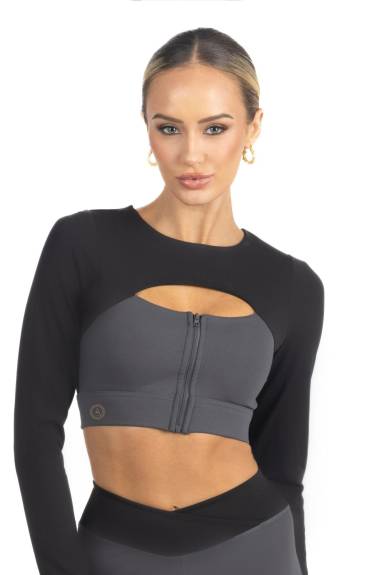 Akalia Alisha Color Block Activewear Long Sleeve Top in Black