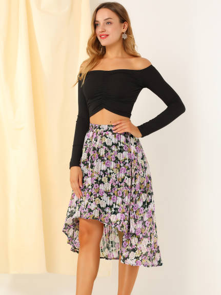 Allegra K- High Low Hem A-Line Midi Floral Skirt