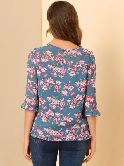 Allegra K- Floral Ruffled 3/4 Sleeve Chiffon Blouse