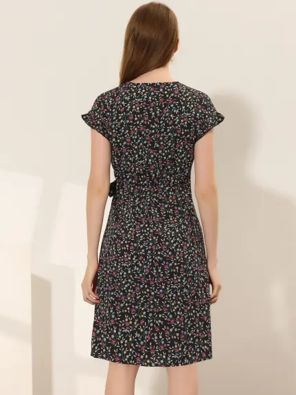 Allegra K- Robe midi ceinturée à manches volantées et fleurs