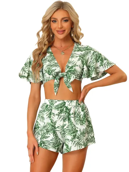 Allegra K- 2 Pieces Laurel Tie Front Print Top Set