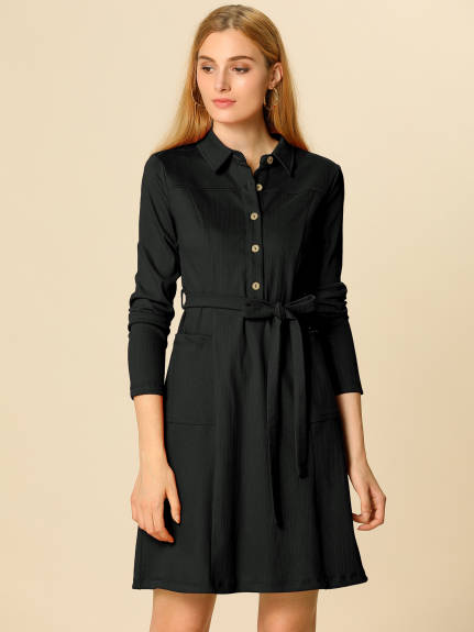 Allegra K- Half Placket Long Sleeve Belted Shirt Dress