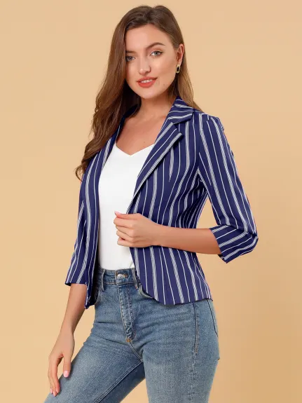 Allegra K- Casual Striped 3/4 Sleeves Open Front Notched Lapel Blazer