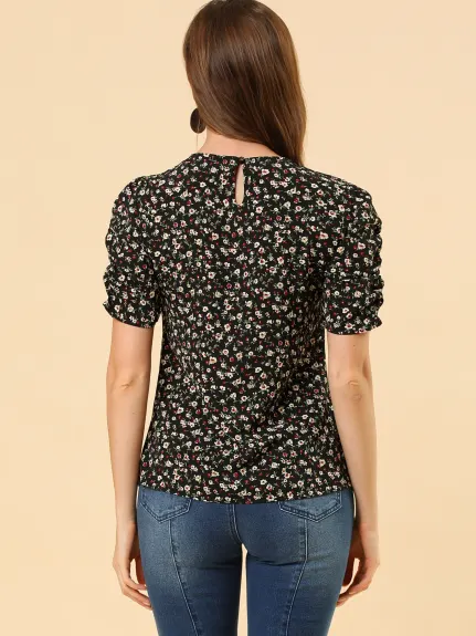 Allegra K- Floral Crew Neck Shirred Short Sleeve Blouse