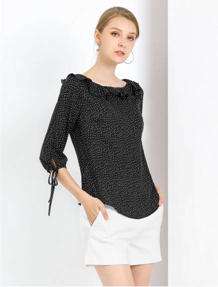 Allegra K- Ruffled Neck Half Sleeve Sheer Polka Dots Blouse