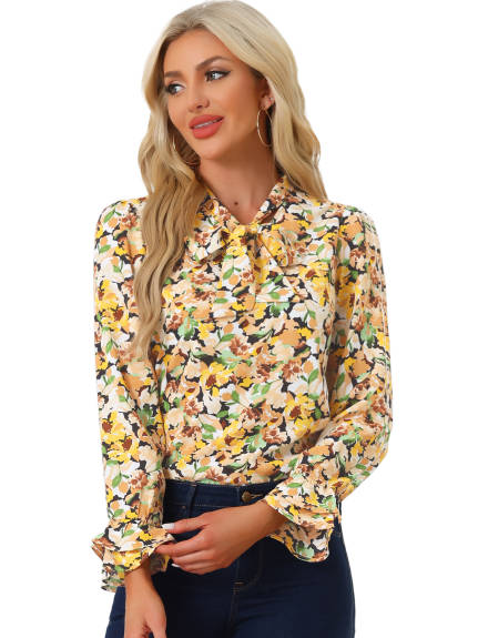 Allegra K- Floral Tie Neck Chiffon Ruffle Blouse