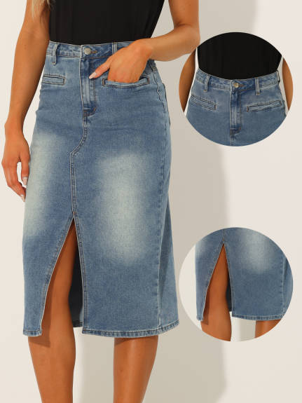 Allegra K- High Waist Slit Front Midi Denim Skirt