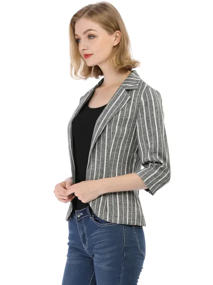 Allegra K- Casual Striped 3/4 Sleeves Open Front Notched Lapel Blazer