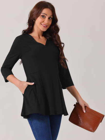 Allegra K - V Neck 3/4 Sleeve Flare Blouse