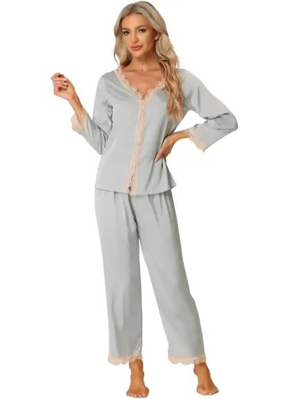 cheibear - Lace Trim Satin Pajama Set