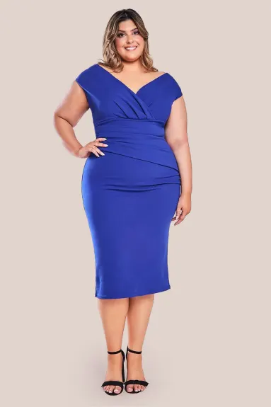 Goddiva - Scuba Bardot Pleated Midi Dress - Plus size