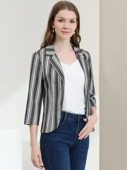 Allegra K- Casual Striped 3/4 Sleeves Open Front Notched Lapel Blazer