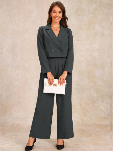 Allegra K - Long Sleeve Cropped Blazer Pant Suit