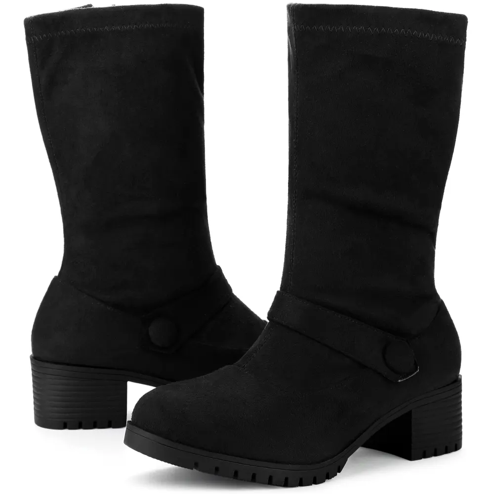 Allegra K- Buckle Decor Low Heel Solid Mid Calf Boots