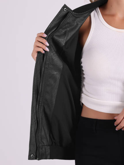 Allegra K - Faux Leather Zip Up Oversized Bomber Jacket