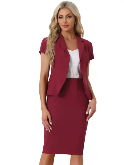 Allegra K- 2 Piece Suit Set Short Sleeve Blazer Jacket Pencil Skirt