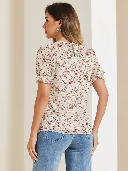 Allegra K- Chiffon Ruffled Trim Floral Blouse