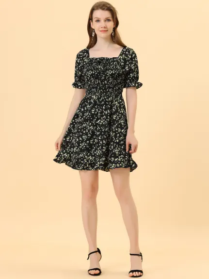 Allegra K- Puff Sleeve Square Neck Ruffled Hem Floral Smocked Dress