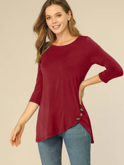 Allegra K- 3/4 Sleeve Tunic Asymmetry Button Top