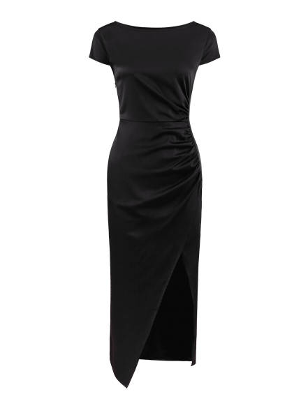 INSPIRE CHIC - Boat Neck Side Split Ruched Satin Dress